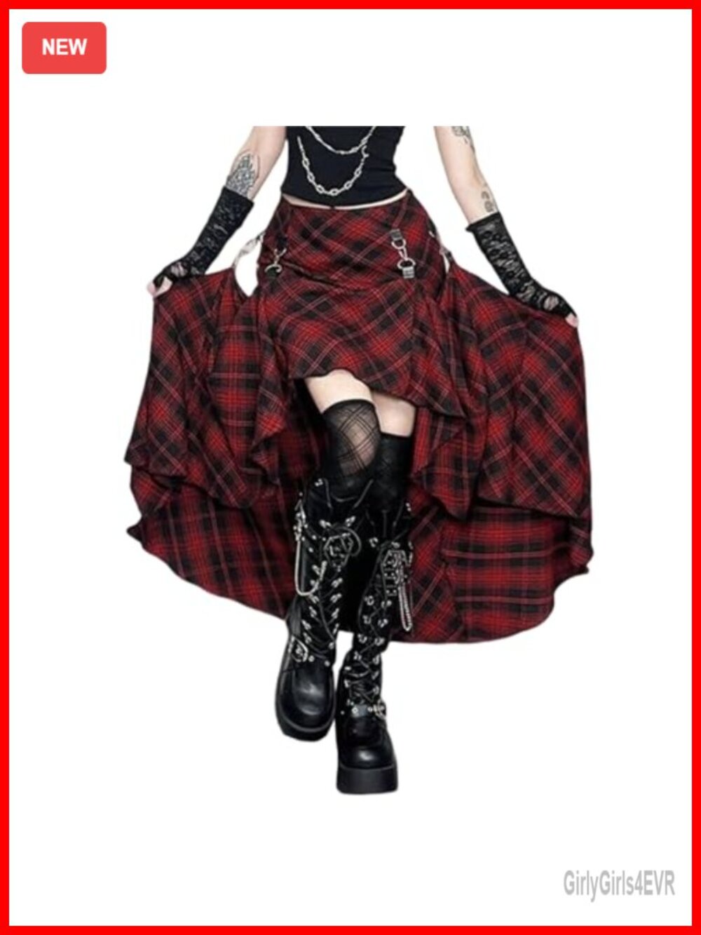 Goth Asymmetrical High Low Plaid Midi Skirt Flowy Ruffle Hem